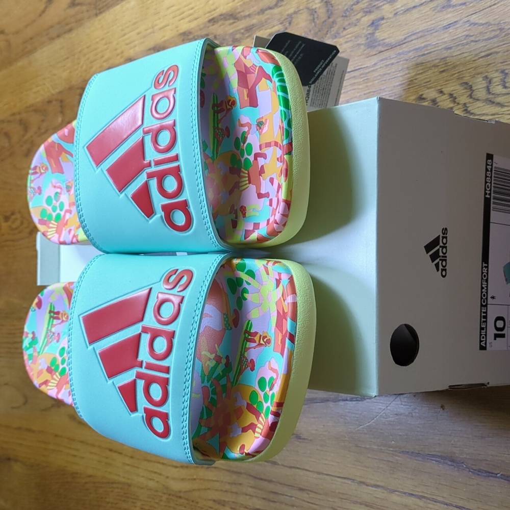 NIB FARM Rio Slide Sandals Adidas Collaboration Women's Size 10 Blue Beach Print - Picture 3 of 14
